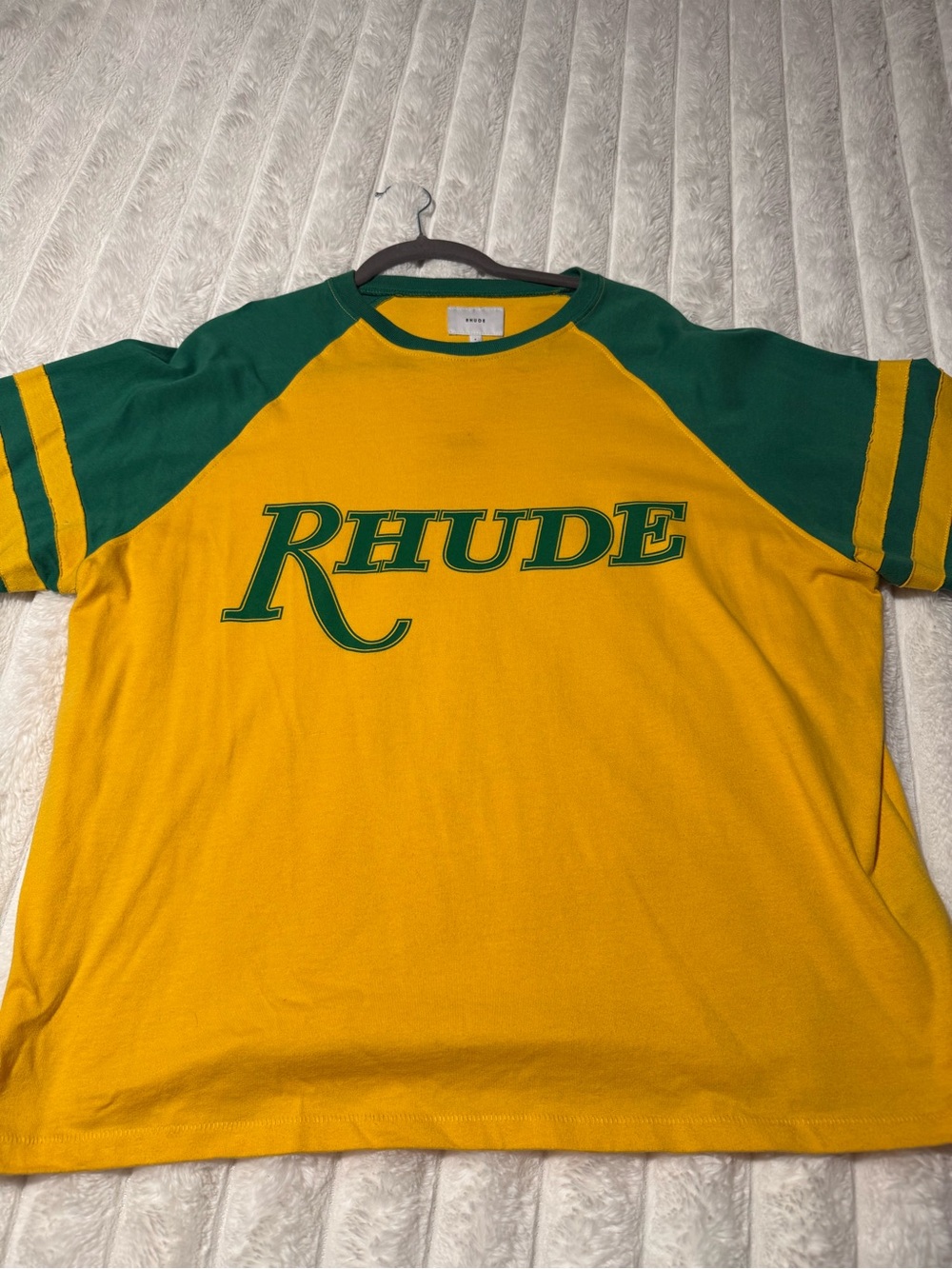 Rhude Yellow Tee with Green Raglan Sleeves & Logo
